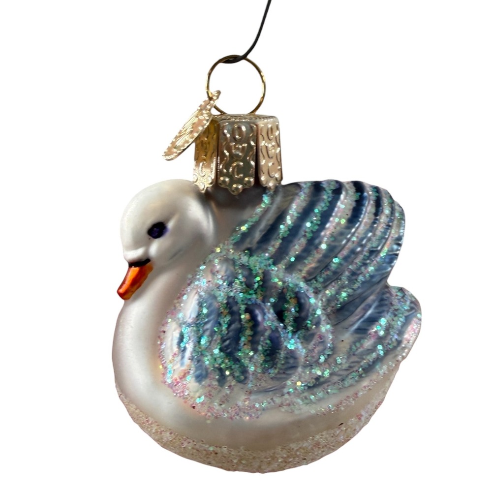 Old World Christmas Blue Iridescent White Swan Glass Blown Ornament Collectibe